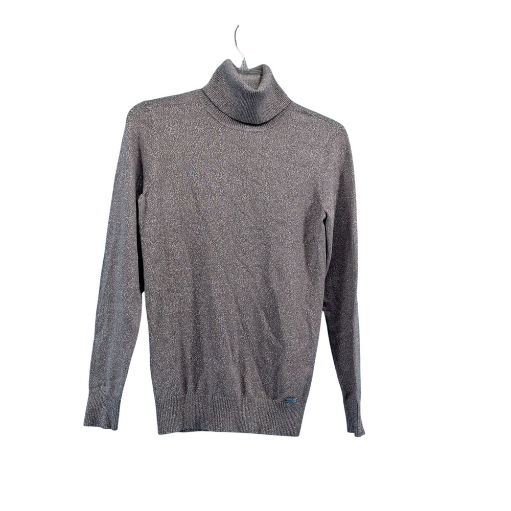Calvin Klein Turtleneck Sweater Womens Small Grey Metallic Shimmer Long Sleeve‎